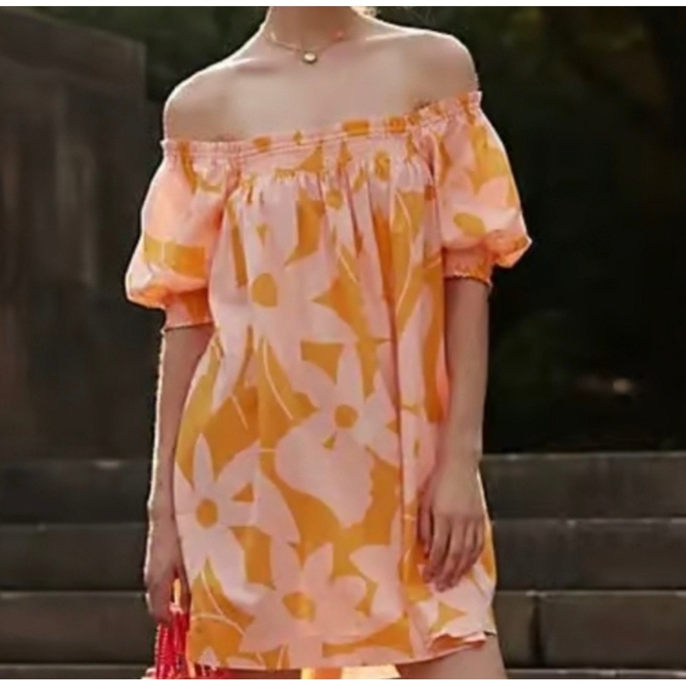 Free People Dress Small Orange Pink Floral Smocked Off Shoulder Boho Mini Mila